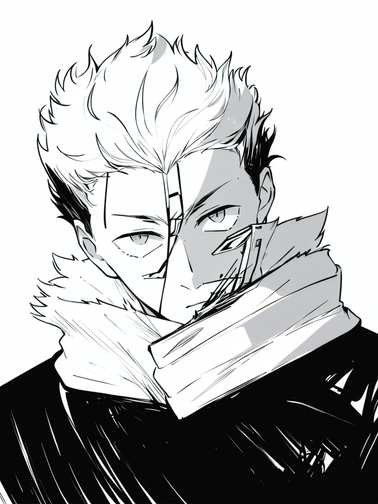 white fluffy messy hair, boy, black and white, staring at viewer