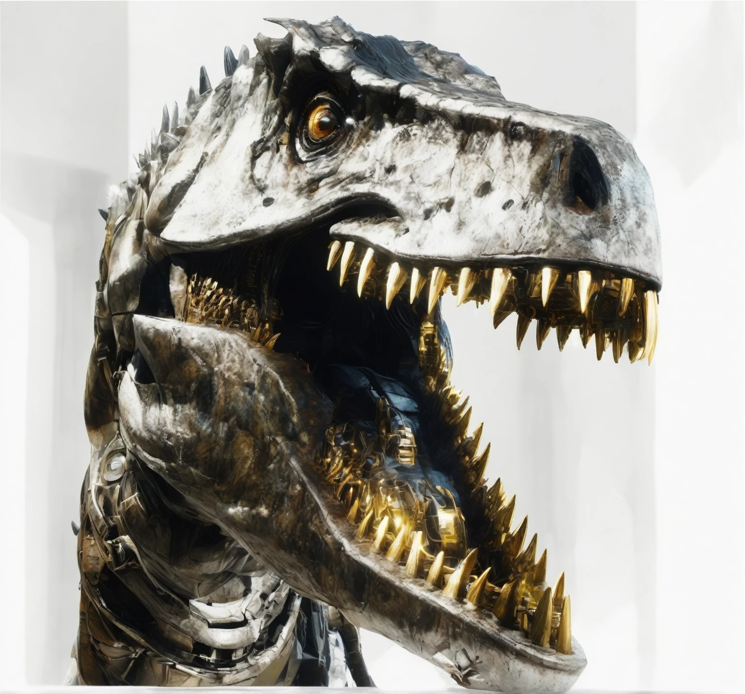 mechanical tyrant dinosaur in the city, scary, glowing blue eyes, neon lights, ultra-realistic, best quality, 8k