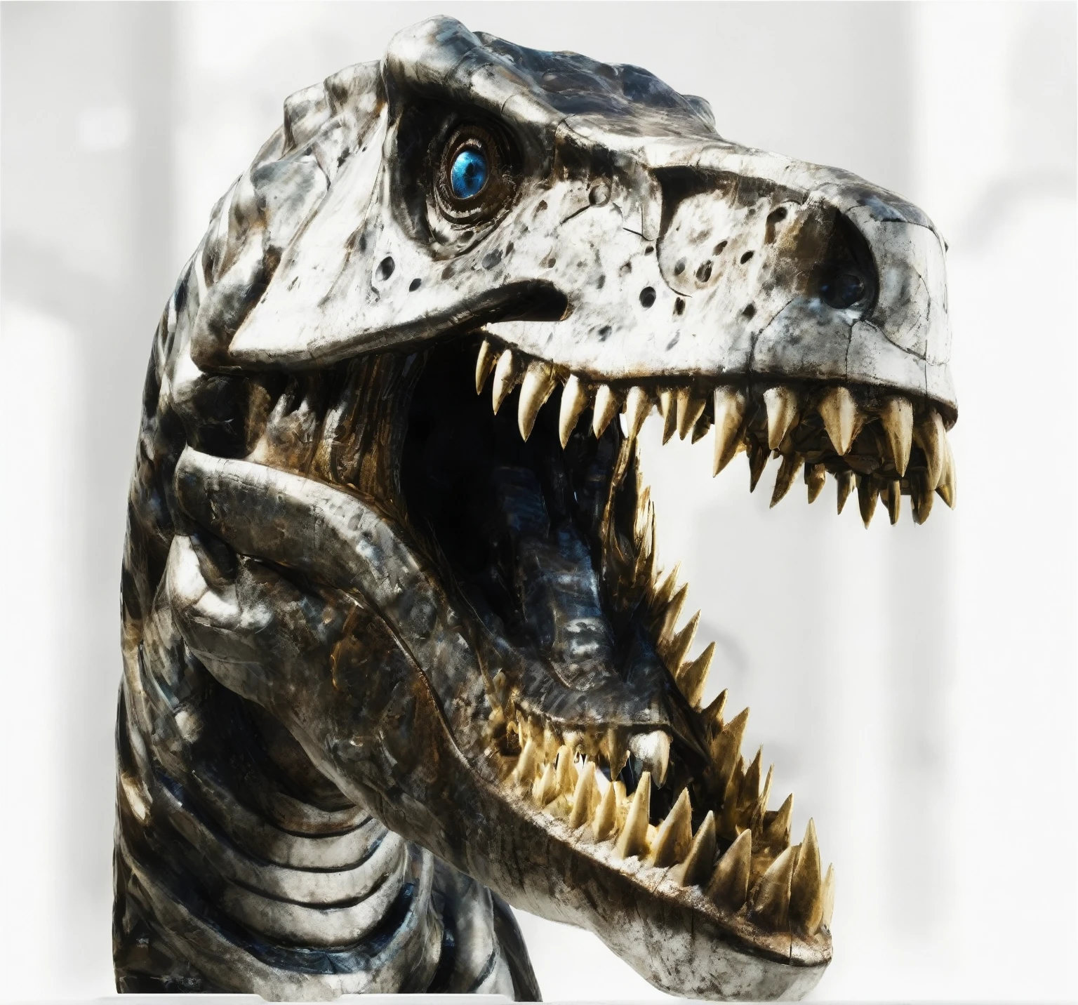 mechanical tyrant dinosaur in the city, scary, glowing blue eyes, neon lights, ultra-realistic, best quality, 8k