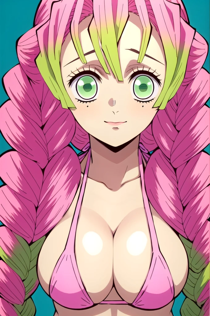 (masterpiece, best quality), intricate details,
MitsuriKanroji, kanroji mitsuri, 1girl, solo, upper body, long hair, winking, green eyes, pink hair, braid, green hair, twin braids, parody, portrait, close up, large breast, huge breasts, bikini top, headshot, collarbone, neck, bare shoulders, pink bikini top, cleavage, in frame, peeker, top angle, shot from above, head shot, perfect shot, plain background, white background, photoshoot, portrait shot, complete head in frame