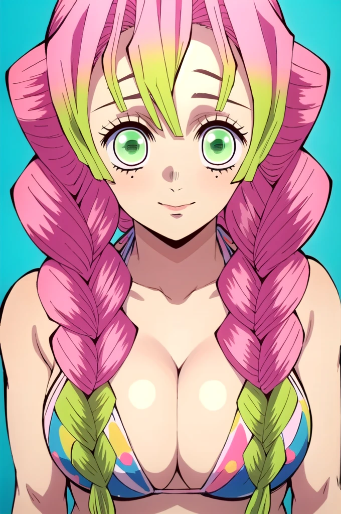 (masterpiece, best quality),  intricate details,
MitsuriKanroji,  kanroji mitsuri, 1girl, solo, upper body, long hair, winking, green eyes, pink hair, braid, green hair, twin braids, parody, portrait, close up, large breast, huge breasts, bikini top, headshot, collarbone, neck, bare shoulders, pink bikini top, cleavage, in frame, peeker, top angle, shot from above, head shot, perfect shot, plain background, white background, photoshoot, portrait shot, complete head in frame