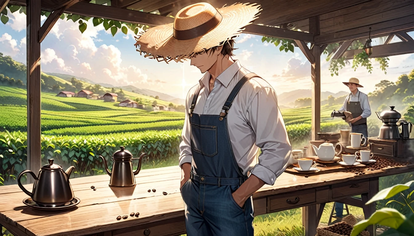 Create an image for a coffee advertising campaign with the following scenario: A green field with coffee plantations at dawn. In the center of the image, a robust and determined man, wearing practical work clothes (jeans, long-sleeved shirt and straw hat), is harvesting coffee beans with a look of pride and satisfaction. Next to him is a rustic table with a steaming cup of coffee, an antique coffee pot, and scattered coffee beans. The lighting is soft and natural, highlighting the beauty of the countryside and the man's dedication to his work.