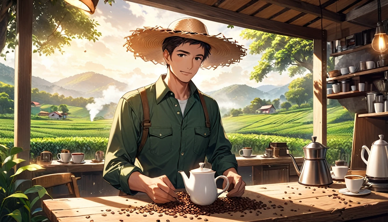 Create an image for a coffee advertising campaign with the following scenario: A green field with coffee plantations at dawn. In the center of the image, a robust and determined man, wearing practical work clothes (jeans, long-sleeved shirt and straw hat), is harvesting coffee beans with a look of pride and satisfaction. Next to him is a rustic table with a steaming cup of coffee, an antique coffee pot, and scattered coffee beans. The lighting is soft and natural, highlighting the beauty of the countryside and the man's dedication to his work.