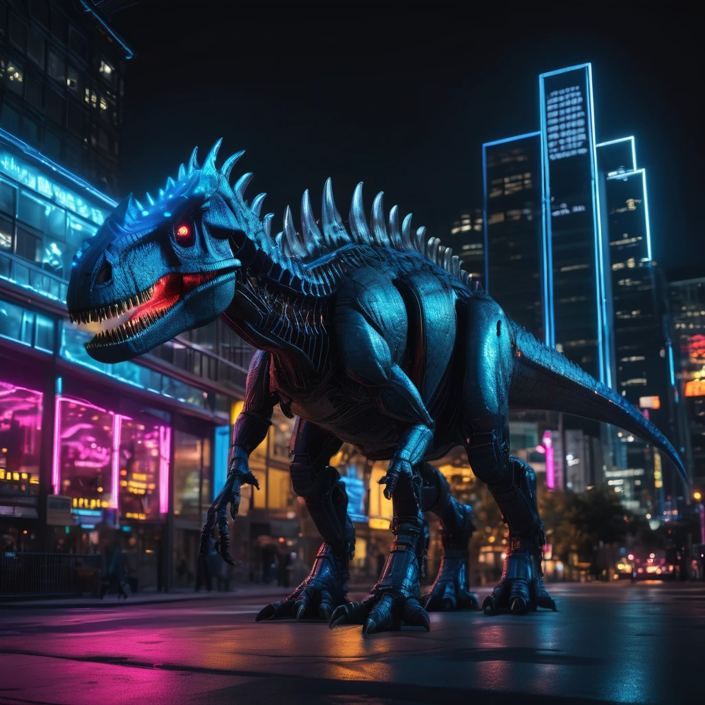 mechanical tyrant dinosaur in the city, scary, glowing blue eyes, neon lights, ultra-realistic, best quality, 8k