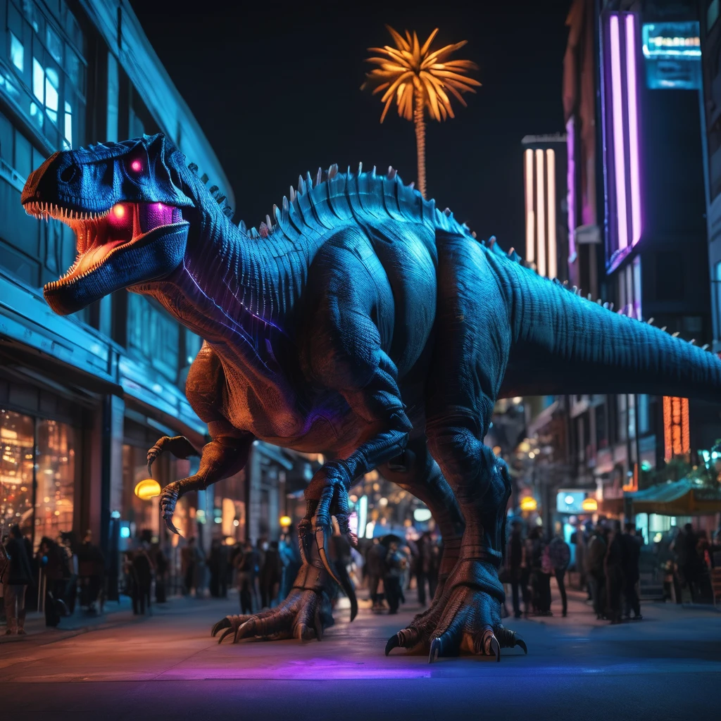 mechanical tyrant dinosaur in the city, scary, glowing blue eyes, neon lights, ultra-realistic, best quality, 8k
