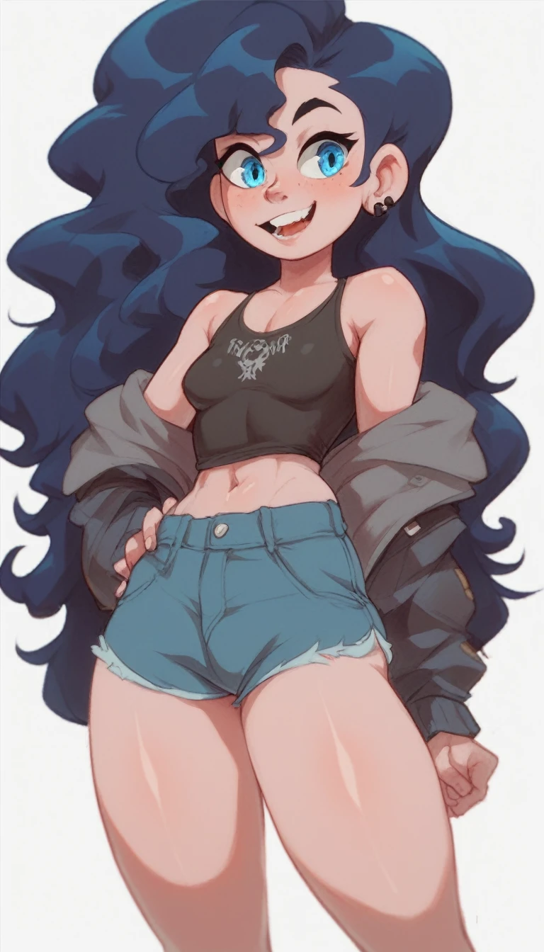 j4bc0m1x style, j4b_ap, a curvy blue-eyed girl with long wavy black hair, small breasts, nudity, torn tanktop, tits out, mischievous