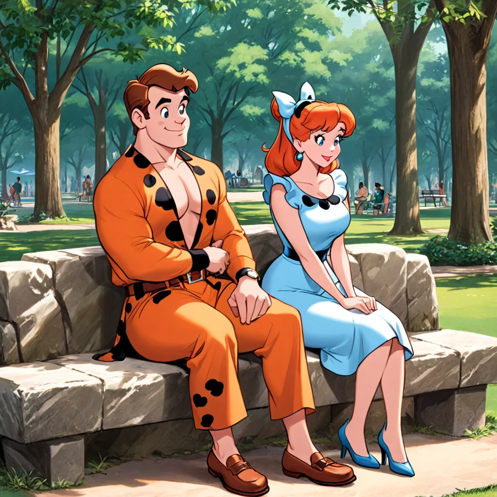 Fred and Wilma Flintstone sitting on a stone bench in the park