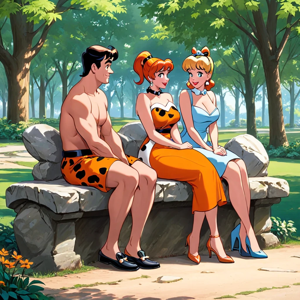Fred and Wilma Flintstone sitting on a stone bench in the park