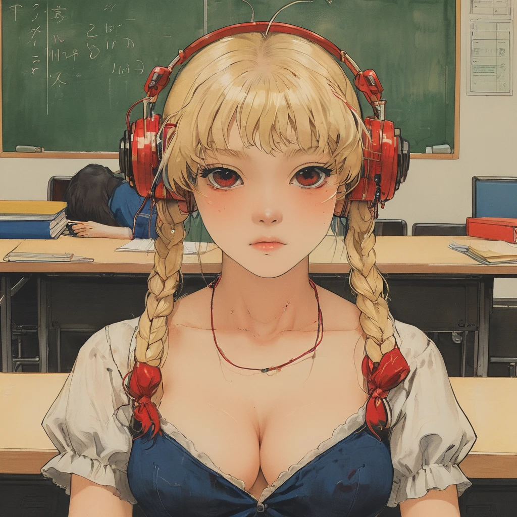 (masterpiece:1.2, best quality), 1lady, solo, , classroom, day, sit, blonde, twintails, red eyes, open collabone, darkskin, (open breasts:1.1),