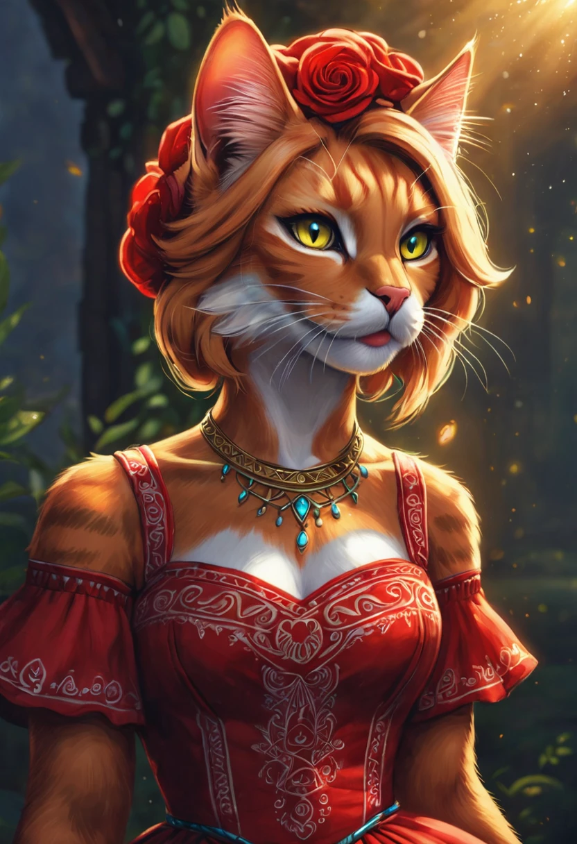 Create an realistic illustrated, hand-drawn, full-color image of an anthropomorphic red cat. The artwork should be rendered in the style of "Breath of the Wild," featuring warm lighting and shadows. Include graphite shading, stencil marks, and airbrushed acrylic paint effects. dress. The image should be of the highest quality, a masterpiece with intricate details. The red cat women should have a female, humanoid, appearance. She should have luscious lips, a wide smile, and bright, expressive eyes, exuding beauty, cuteness, and adorableness. Ensure the image is high resolution and sharply detailed, with a detailed and vibrant background. Incorporate mystical lighting in the background, creating a romantic and enchanting atmosphere.
