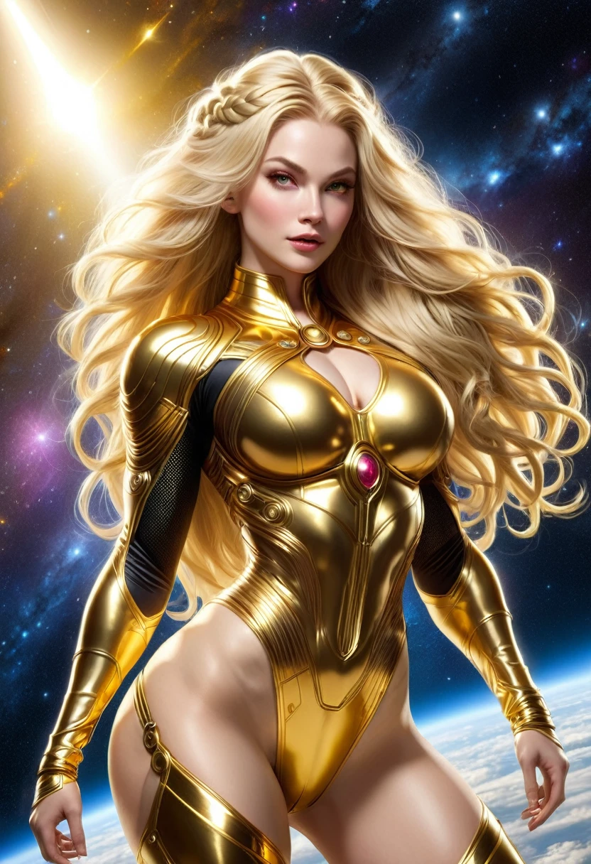 BOMBSHELL BLONDE VALKYRIE FLYING OUTERSPACE, , PALE SKIN, YELLOW EYES, HIGH CHEEKBONES, ROSY CHEEKS, MENTAL FORAMEN, HUGE LONG HAIR, DOUBLE BRAIDED HAIR, GOLD THONG LEOTARD ARMOUR, LONG SLEEVES, GOLD UNDER BODYSUIT, GOLD NECK BODYSUIT, LONG GOLD GAUNTLETS, ATHLETIC CURVY BODY, DETAILED QUADRICEPS, MUSCLES, BACK BODY VIEW,  GOLD SHOES, FULL BODY PERSPECTIVE, SPRITE LIGHTINGS, OUTERSPACE, RAYS OS LIGHT, SUN, BACK LIGHTS, NIGHT SKY, ACCURATE IMAGE, MASTERPIECE.