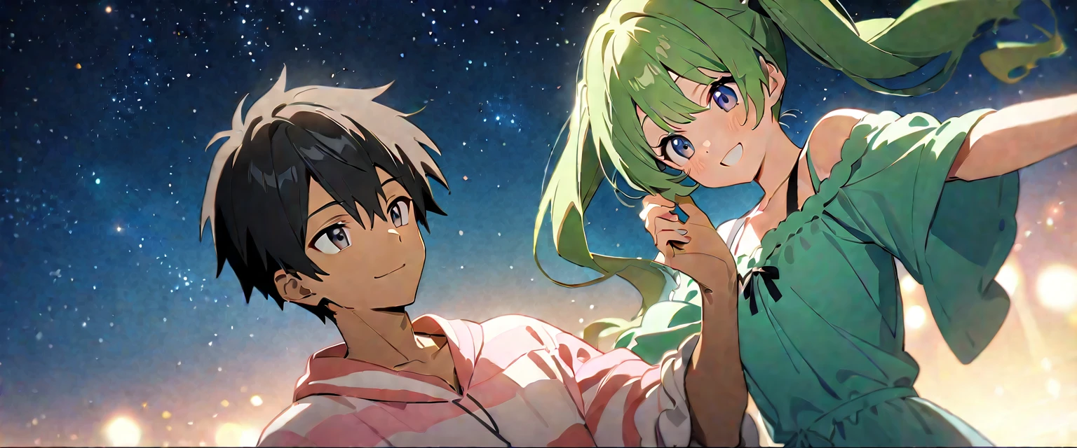 (((masterpiece,Highest quality))),(((A black-haired anime boy in loungewear reaching out in a daze,Anime girl with green hair, twin tails and idol costume stretching her hand with a smile))),((Under a star-filled sky)),A boy and a girl are facing each other and holding hands,(high quality),アニメ