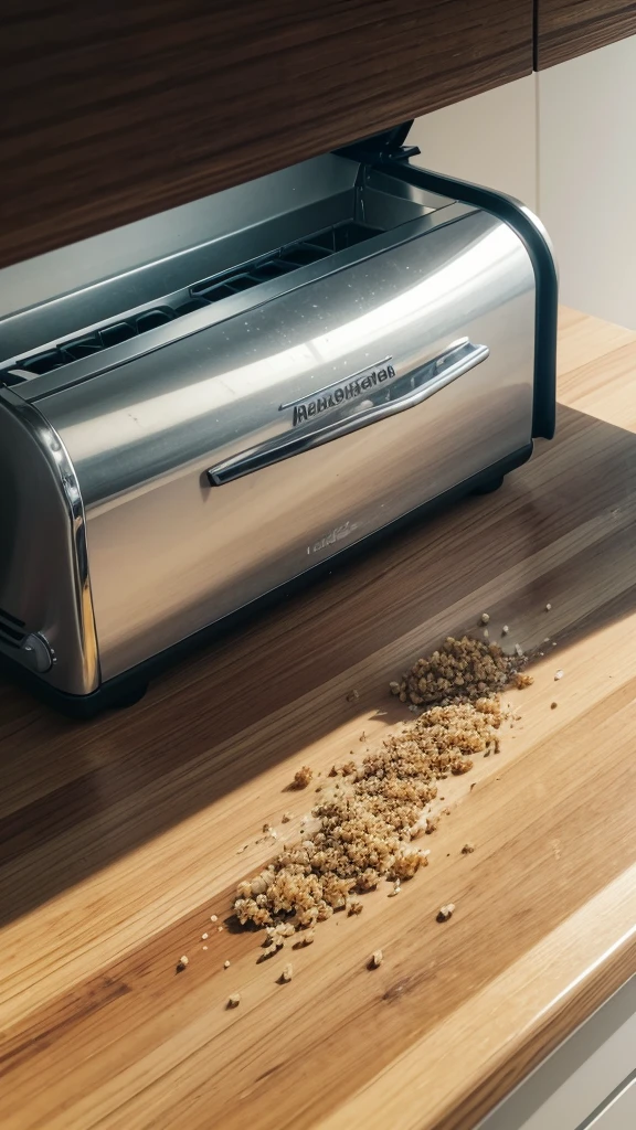 In a contemporary urban apartment kitchen, a meticulous homeowner meticulously wipes down countertops, focusing on a pile of breadcrumbs near a toaster -- close-up shot, highlighting clean surfaces and meticulous cleaning action in soft morning light... --ar 9:16
Cleanliness Maintenance: Keep the kitchen and food areas clean and free of crumbs and food scraps.