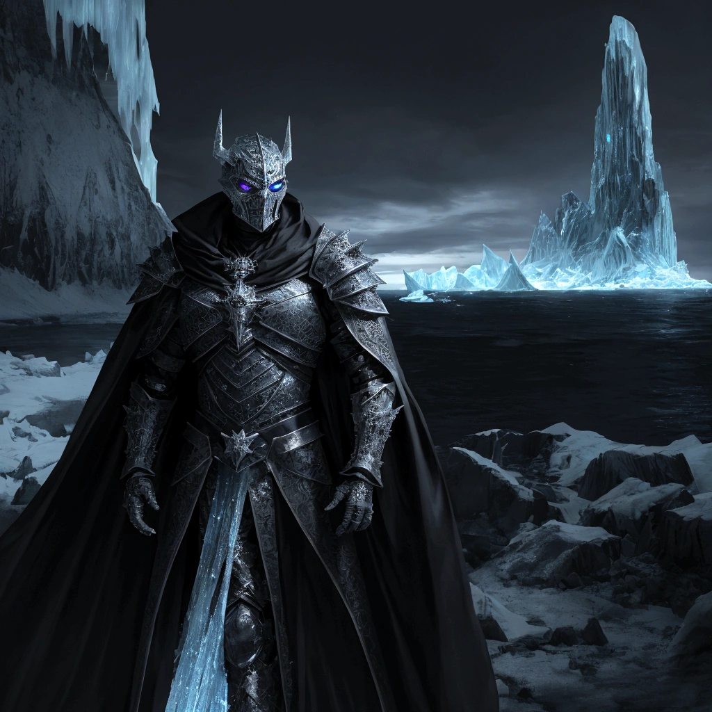 (extremely detailed 8k wallpaper), a medium shot photo of scary Grim dressed as a icey masked ice-supervillain in an armour made of icey glowing wires from marvel, theme, intricate, high detail, dramatic, old scary building with a huge iceberg in the background