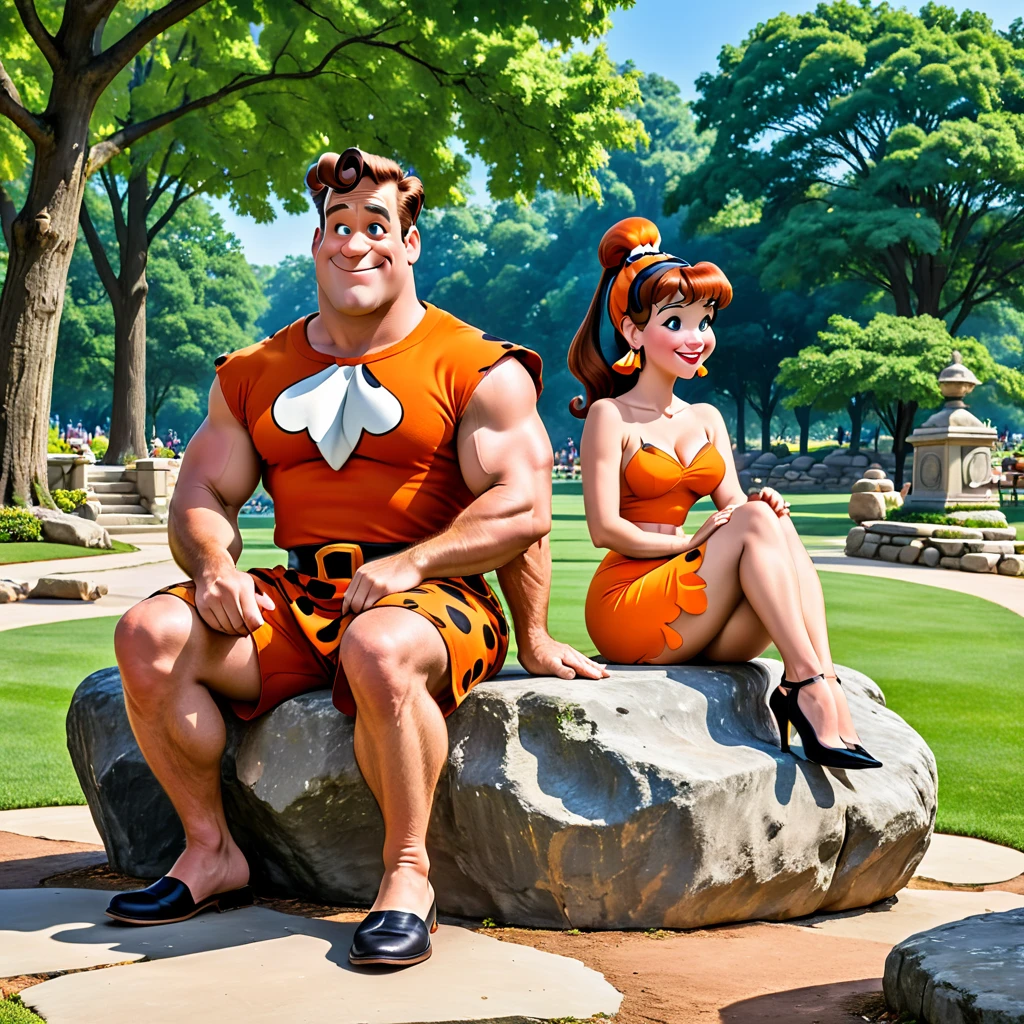 Fred and Wilma Flintstone sitting on a stone bench in the park