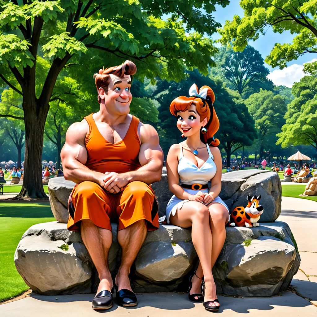 Fred and Wilma Flintstone sitting on a stone bench in the park