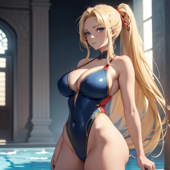 (Absurdres, master piece, best high quality image, very detailed features, very detailed textures, carefuly detailed with no deformed parts in all the artwork), back view, only solo character, back view, standing alone.
A 40 years old beautiful woman, she has fair skin, blue eyes, yellow blonde golden long hair tied in a high ponytail with a long crimson ribbon, voluptuous figure, big breasts, beautiful legs, beautiful arms (she wears: pale blue one-piece swimsuit, cleavage), serious calm expression, she walks relaxed around the palace pool.