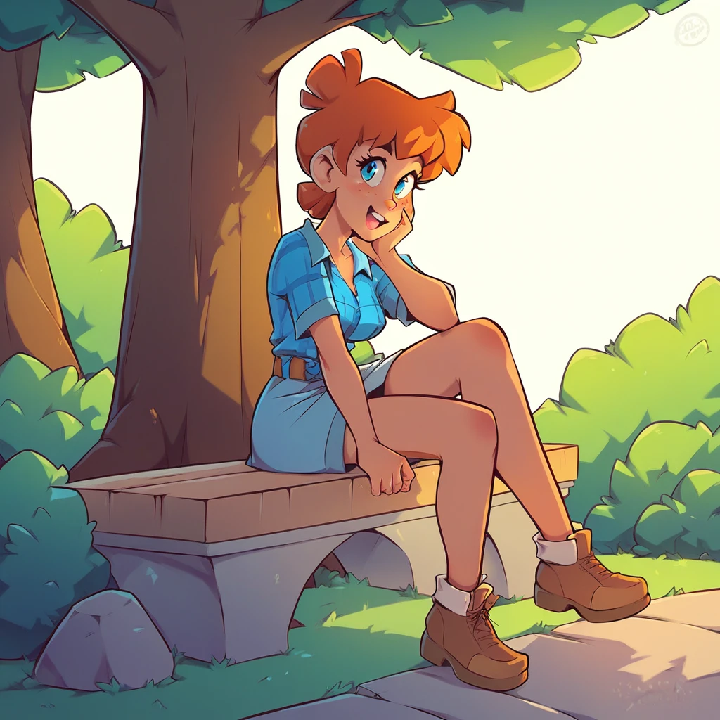 Fred and Wilma Flintstone sitting on a stone bench in the park