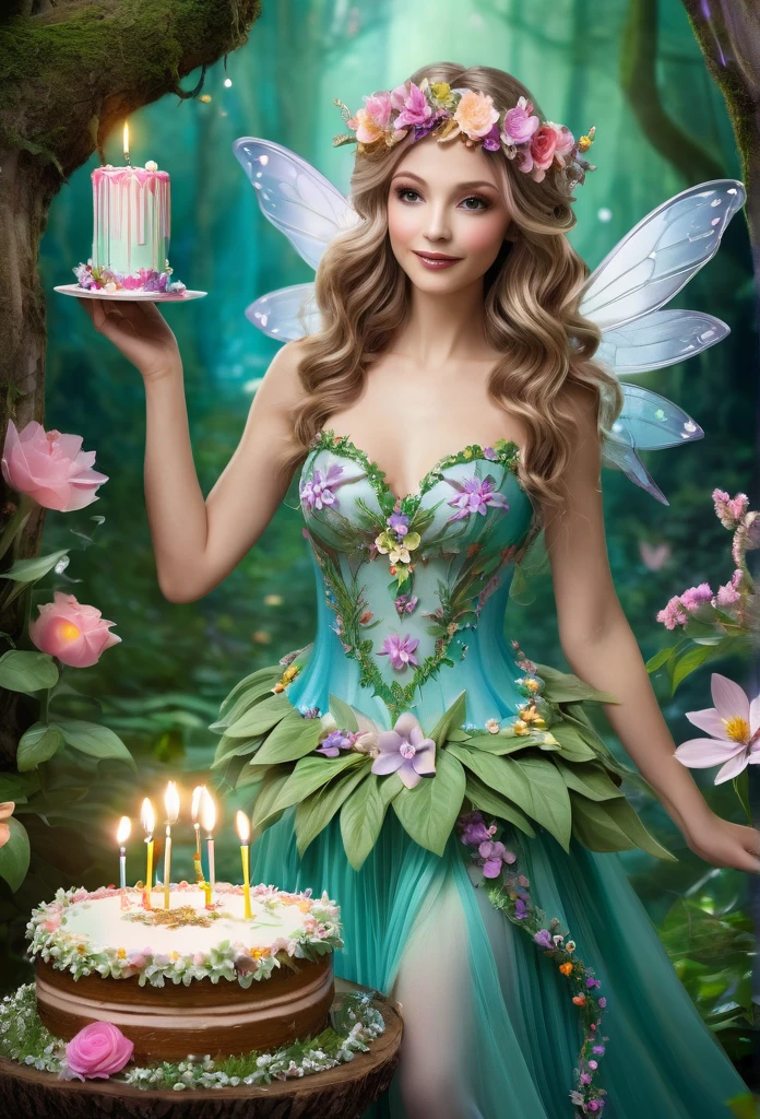 beautiful fairy, full body, amazing well adorned dress,flowers on hair,in an enchanted forest, holding and offering a birthday cake,magic background, many flowers,refined details, high quality.