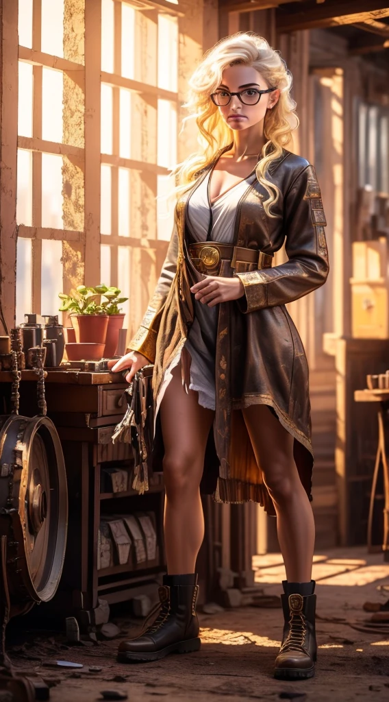 (Best Quality, 4k, Masterpiece :1.3), 1 girl, (vaporpunk), scenery, vaporpunk room engine, repairing engine, gears, teeth, vapor, Boots, mono, safety glasses, dirty face, standing, machinery, oil on the floor, dirty floor, Character focus, (golden hour lighting), ray tracing, Super realistic 8K ULTRA HD HDR photographic cinematic image, magic photography, super detailed, (ultra detailed), (Superior quality, Best Quality, super high quality image, Masterpiece), standard lens,  dramatic lighting, 8k, UHD, intricate detail, (grateeth), integral kinematics, showy, Clave visual, Very detailed, detailed extreme, Hyper realistic, (fondo Very detailed, detailed landscape), delicate details, RAW image, DSLR, 
