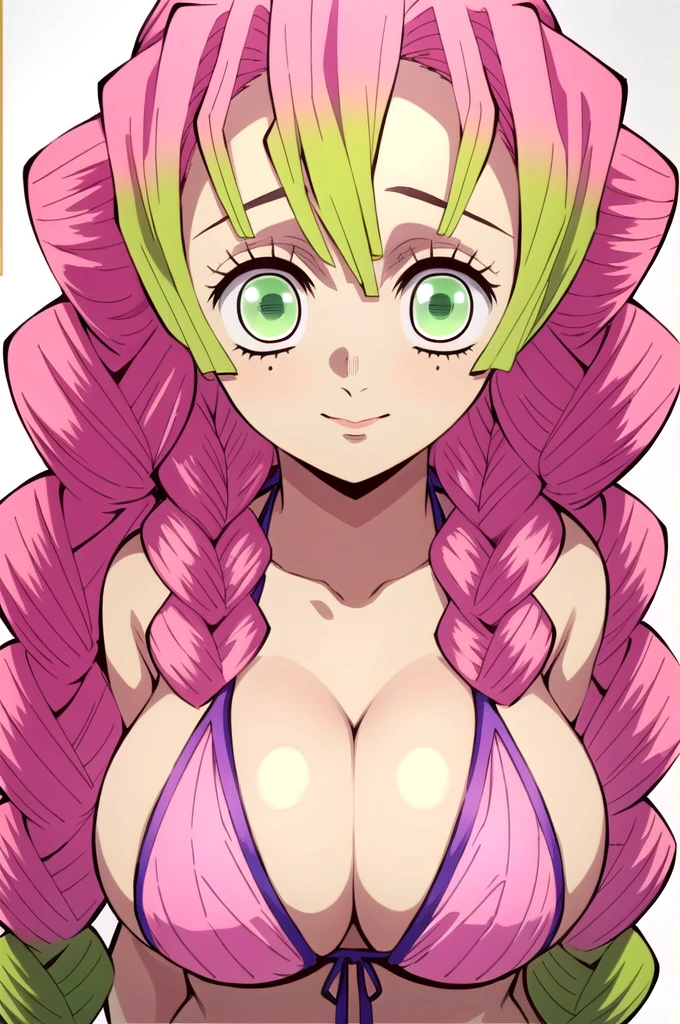 (masterpiece, best quality),  intricate details,
MitsuriKanroji,  kanroji mitsuri, 1girl, solo, upper body, long hair, winking, green eyes, pink hair, braid, green hair, twin braids, parody, portrait, close up, large breast, huge breasts, bikini top, headshot, collarbone, neck, bare shoulders, pink bikini top, cleavage, in frame, peeker, top angle, shot from above, head shot, perfect shot, plain background, white background, photoshoot, portrait shot, complete head in frame, top of head