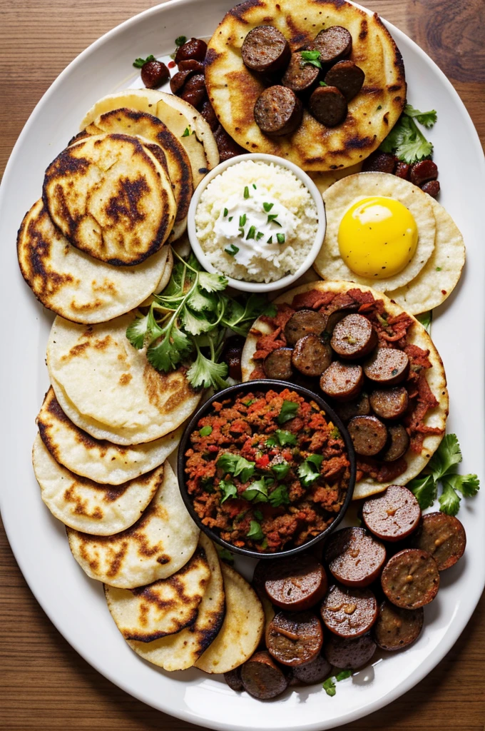 Image of a bite that contains chorizo, blood sausage, beef and pork, creole potato,very provocative yuca and arepa