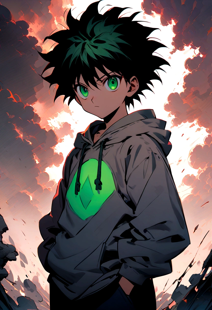 14 year old boy with black short wavy hair and green eyes wearing a grey hoodie in hunter x hunter manga style