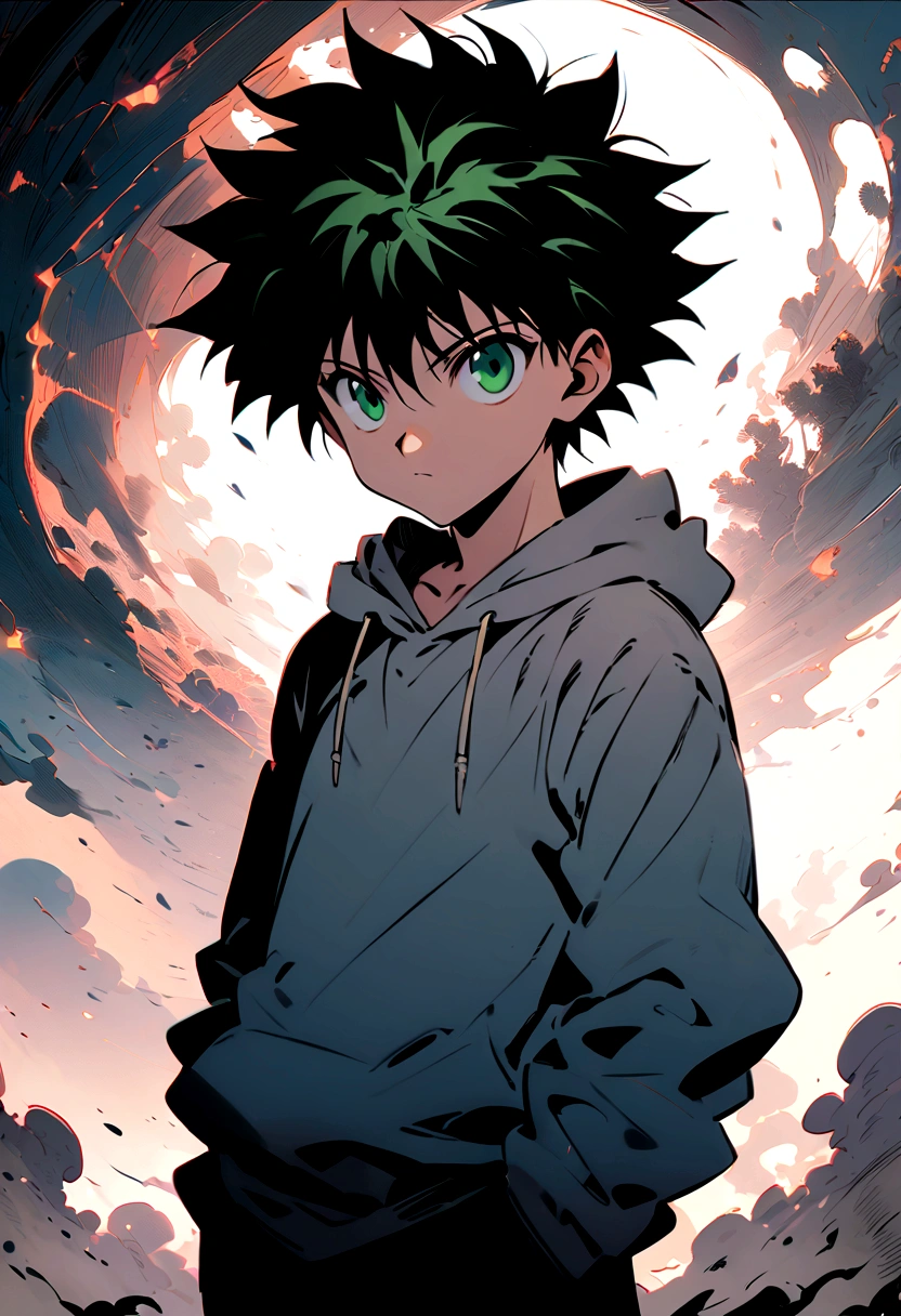 14 year old boy with black short wavy hair and green eyes wearing a grey hoodie in hunter x hunter manga style