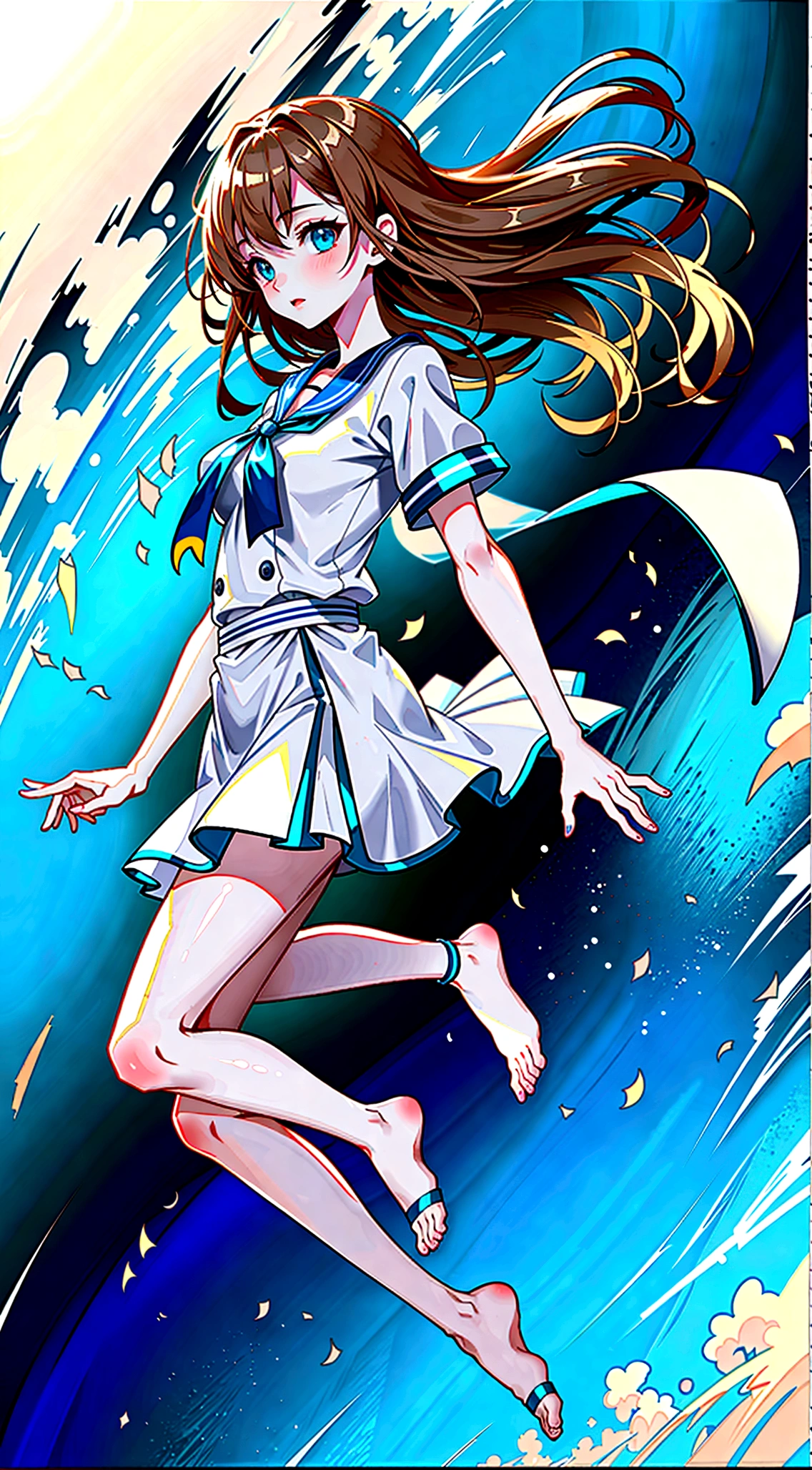 Movement, high resolution Beautiful blue eyes, full body expression, one girl, alone, blue sky background, bright, blue sky, clouds, sunny, youth, youth, blue and white main color, solo focus, love, accessories, beautiful hairstyle, beautiful eyes, gloss High Resolution, Zoom Out, Quality (8K, Highly Detailed, CG Unit Wallpaper, Masterpiece, High Resolution, Best Quality, Best Quality, Surreal, Increase Resolution, Highest Quality, Highly Detailed, Wallpaper, Movie lighting, ray tracing, golden ratio\),