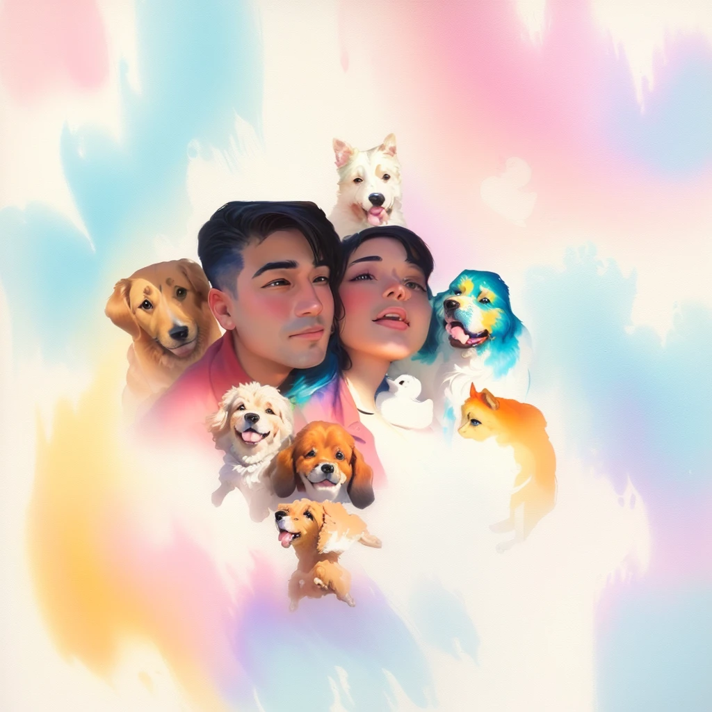 An oil painting of a couple and five dogs in front of a colorful background, hand painted Cartoon art style, Cartoon art style, digital cartoon painting art, Comic drawing style, Cartoon art style, Watercolor illustration style, Cartoon Style, nft portrait, cartoon painting, Illustration line art style, High quality portrait, Lovely art style, Beautiful painting style, Cartoon Numbers