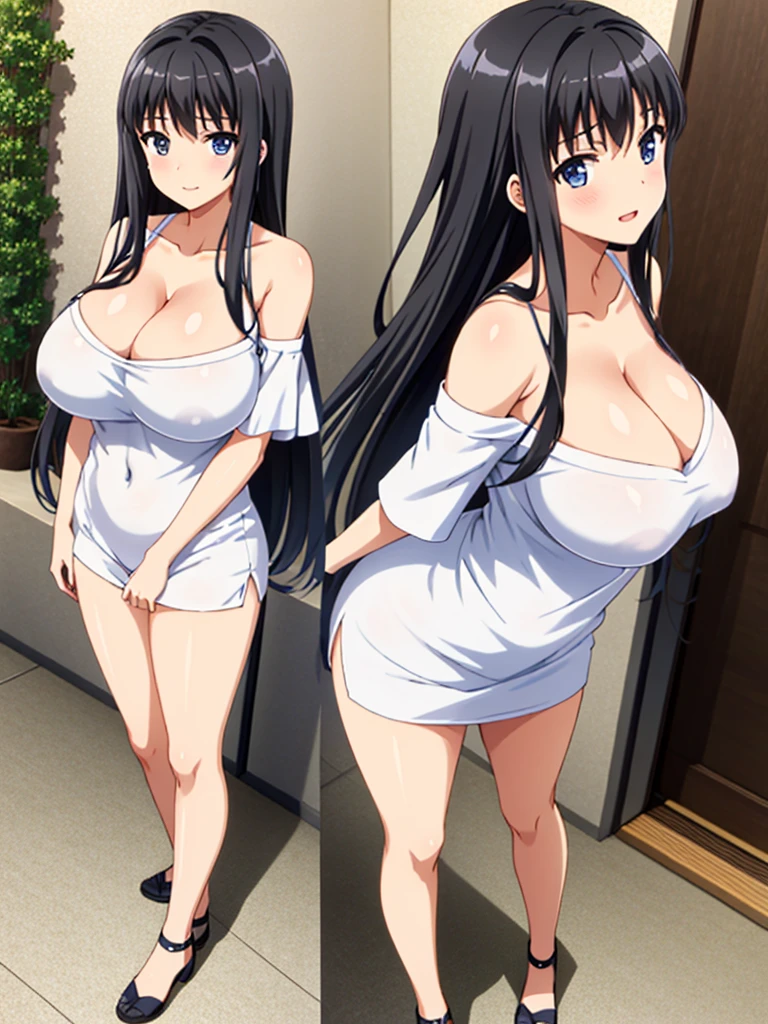 Black hair,huge breasts, beautiful face:1.3,butt hole,navel, cleavage ,off the shoulder:1.8,body facing front,full body shot,standing