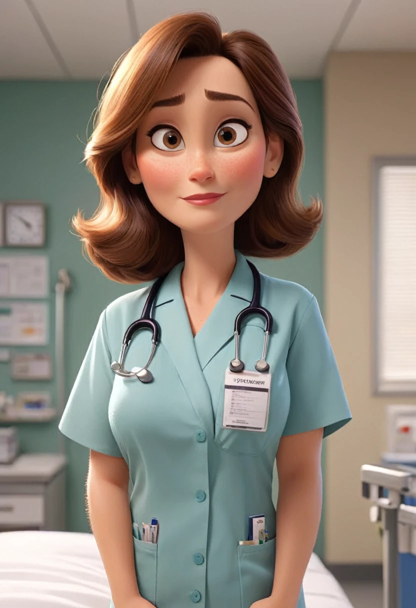 (Disney-Pixar Style:1.2) (Beautiful Mature Woman:1.15) (Mature woman 50 years old) Slightly droopy eyes、Beauty、Medium Hair、Brunette, Hazel Eyes, Wearing modern medical scrubs, (Huge breasts:1.2), Cleavage, Hospital name badge, Standing in a bright sunny hospital ward (whole body, Zoom out:1.1)