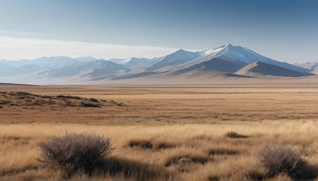 A paysage of steppe with dry soft grass, dead bushes, and very far away, a moor and a mountain range.