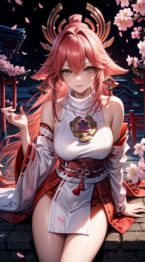 (Masterpiece, Excellent, 1girl, solo, complex details, color difference), realism, ((medium breath)), off-the-shoulders, big breasts, sexy, Yae Miko, long pink hair, red headdress, red highlight, hair above one eye, green eyes, earrings, sharp eyes, perfectly symmetrical figure, choker, neon shirt, open jacket, turtleneck sweater, against the wall, brick wall, graffiti, dim lighting, alley, looking at the audience, ((mean, seductive, charming)), ((cherry blossom background ))),((Japanese temple background)))), (((Glow-in-the-dark background)))