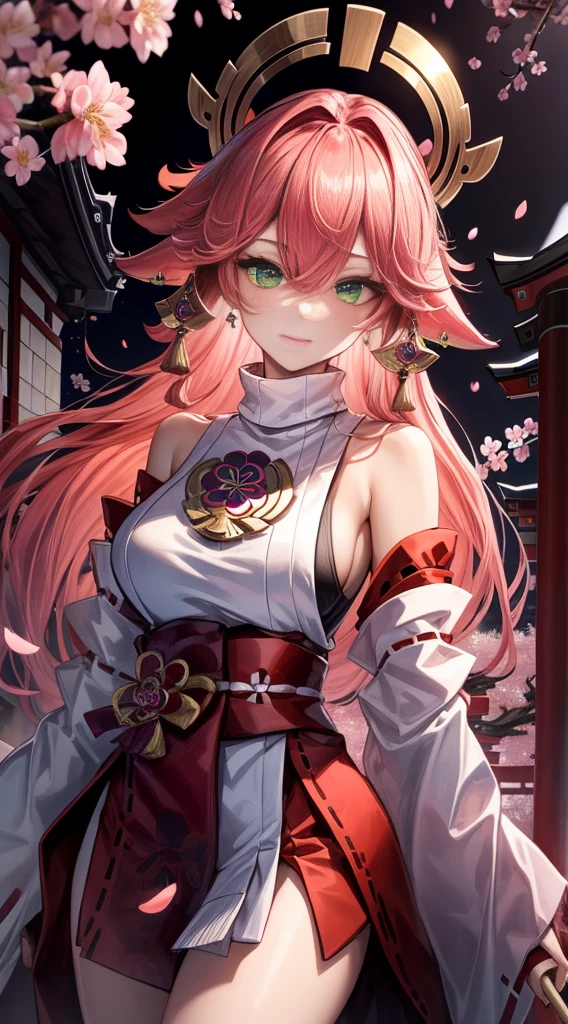 (Masterpiece, Excellent, 1girl, solo, complex details, color difference), realism, ((medium breath)), off-the-shoulders, big breasts, sexy, Yae Miko, long pink hair, red headdress, red highlight, hair above one eye, green eyes, earrings, sharp eyes, perfectly symmetrical figure, choker, neon shirt, open jacket, turtleneck sweater, against the wall, brick wall, graffiti, dim lighting, alley, looking at the audience, ((mean, seductive, charming)), ((cherry blossom background ))),((Japanese temple background)))), (((Glow-in-the-dark background)))
