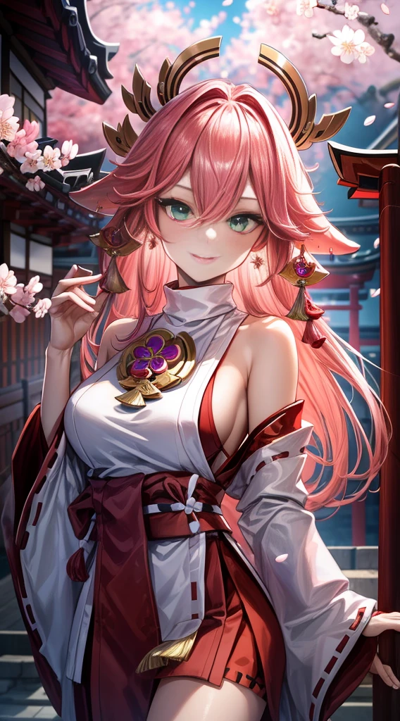 (Masterpiece, Excellent, 1girl, solo, complex details, color difference), realism, ((medium breath)), off-the-shoulders, big breasts, sexy, Yae Miko, long pink hair, red headdress, red highlight, hair above one eye, green eyes, earrings, sharp eyes, perfectly symmetrical figure, choker, neon shirt, open jacket, turtleneck sweater, against the wall, brick wall, graffiti, dim lighting, alley, looking at the audience, ((mean, seductive, charming)), ((cherry blossom background ))),((Japanese temple background)))), (((Glow-in-the-dark background)))