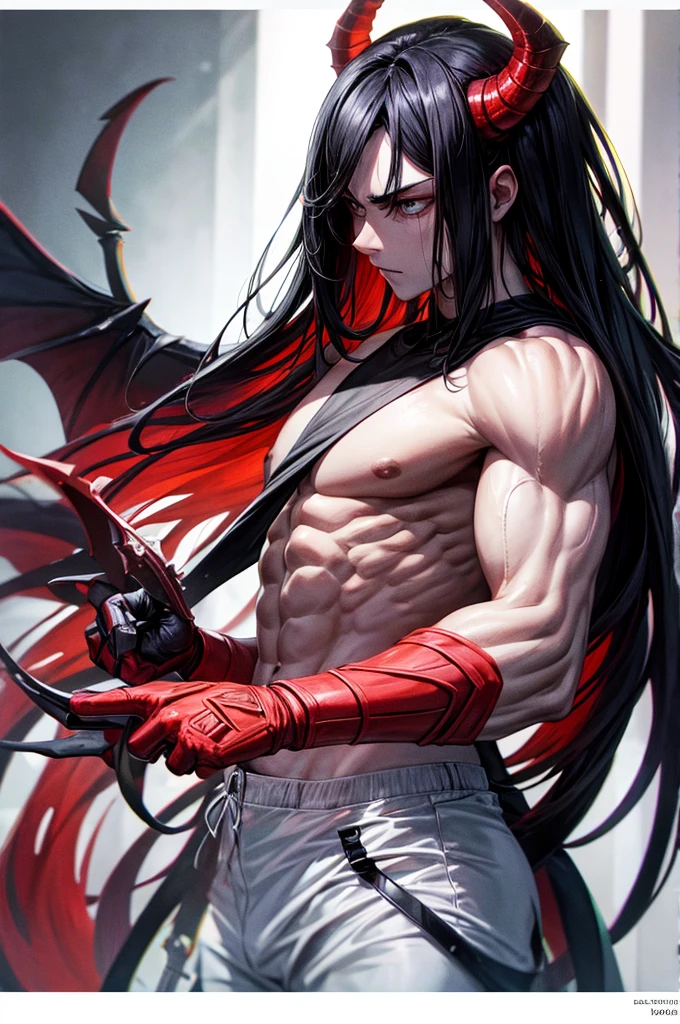 A creature with charcoal black skin, with horns, an evil face, red eyes, with claws in its hands, without a shirt, with wings