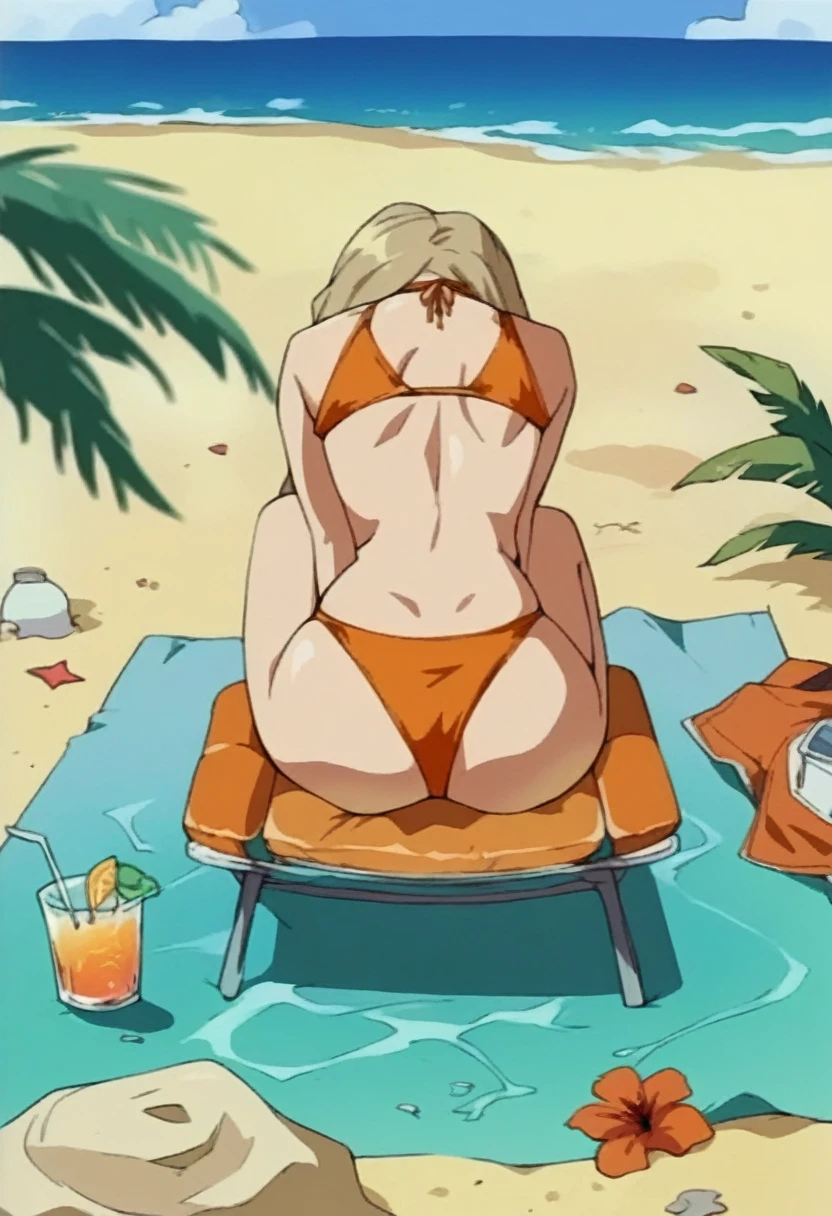 rating_explicit, Anis from Nikke, orange bikini, sit, beach