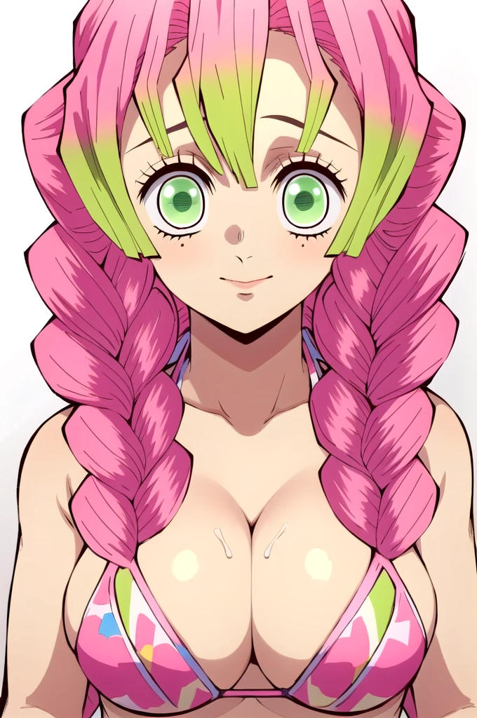 (masterpiece, best quality), intricate details,
MitsuriKanroji, kanroji mitsuri, 1girl, solo, upper body, long hair, winking, green eyes, pink hair, braid, green hair, twin braids, parody, portrait, large breast, huge breasts, bikini top, headshot, collarbone, neck, bare shoulders, pink bikini top, cleavage, in frame, peeker, top angle, shot from above, head shot, perfect shot, plain background, white background, photoshoot, complete head in frame, top of head