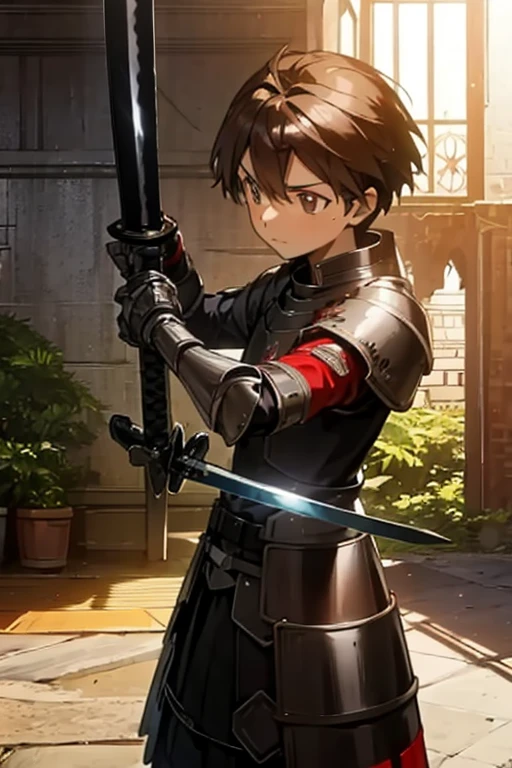 a knight with dark brown hair , short and using a katana and black and red armor