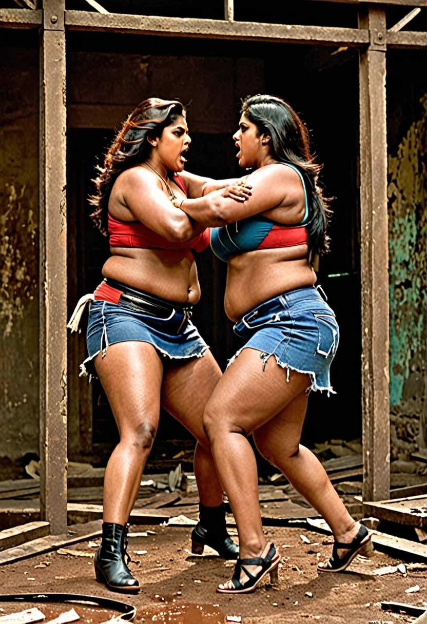 Two stunningly equally voluptuous Indian fierce rival film actresses, their equally huge big bosoms heaving as they engage in a heated sweaty battle of fiercely brutal embrace of extreme anger in a cramped, abandoned dwelling. Their gaze locked in a moment of intense anger and rivalry. This vivid image captured in a photograph showcases the violently horror and evenly matched power of animosity between these two equally large-busted and plus-sized heavyweight women. The scene exudes a raw and visceral energy, with sweat glistening on their skin and their expressions portraying a mix of intense anger and determination. Each detail, from their flowing wild long hair to the tension in their tight angry grip, adds layers of complexity to the fighting between 2 evenly matched extreme beautiful angry rival females by narrative of this captivating image