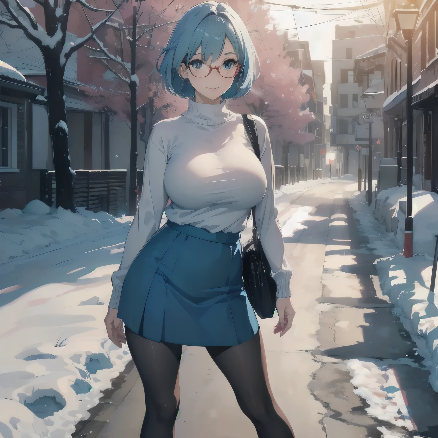 (masterpiece), 1girl, best quality, expressive eyes, perfect face, (huge breasts), short hair, blue eyes BREAK light blue hair BREAK side cut, red glasses BREAK ((mature woman, mature female)), (GILF), , , standing, snow, day sky, cloudy sky, snow trees, red sweater BREAK blue skirt, pantyhose, smile, looking up, closed mouth, standing 