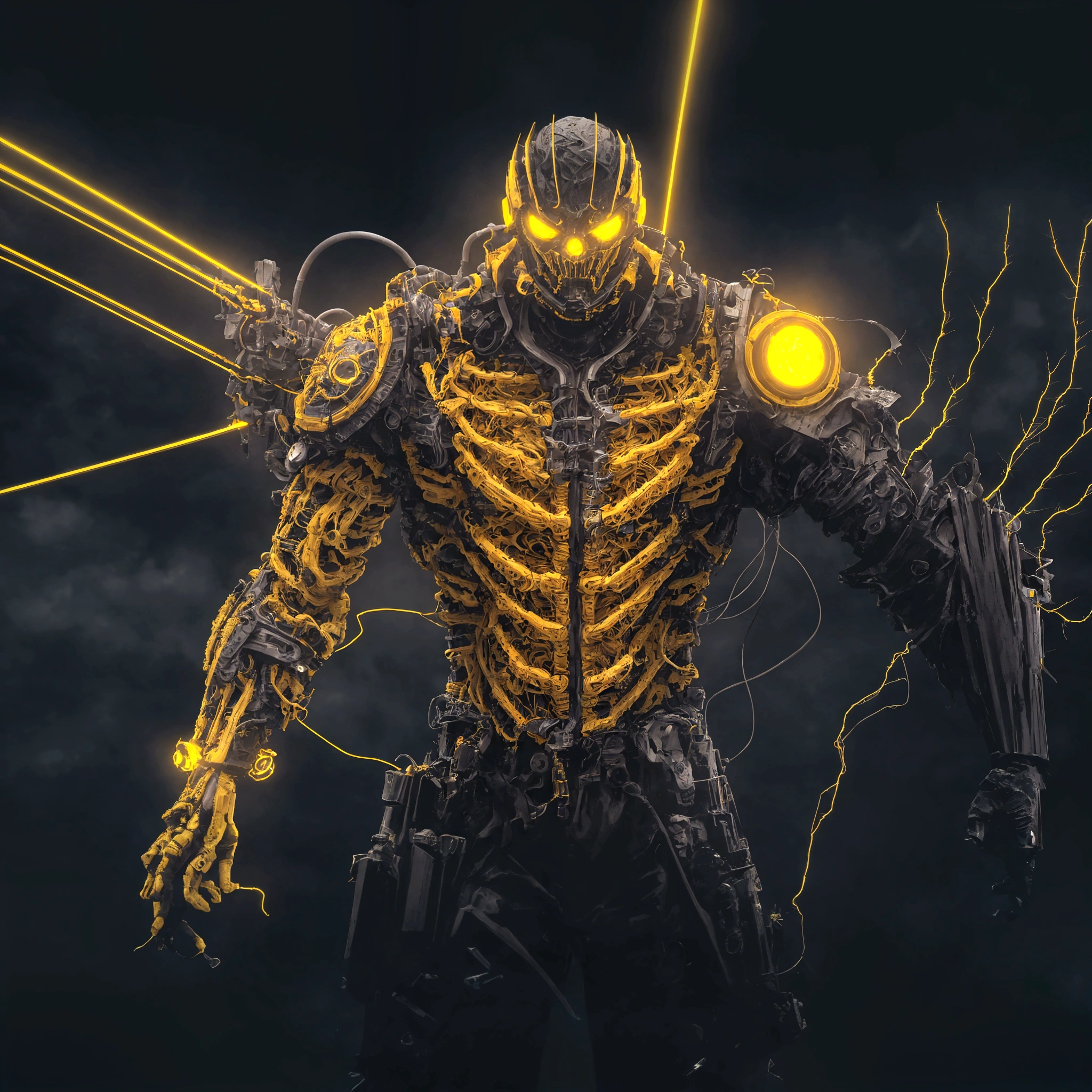 (extremely detailed 8k wallpaper), a medium shot photo of scary Grim dressed as a yellow electricity-man in an armour made of yellow glowing wires from marvel, theme, intricate, high detail, dramatic, old scary city with an electricity storm in the background