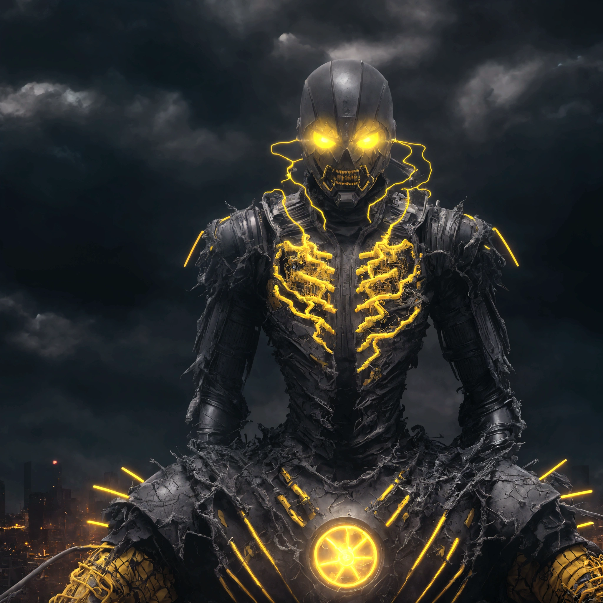 (extremely detailed 8k wallpaper), a medium shot photo of scary Grim dressed as a yellow electricity-man in an armour made of yellow glowing wires from marvel, theme, intricate, high detail, dramatic, old scary city with an electricity storm in the background