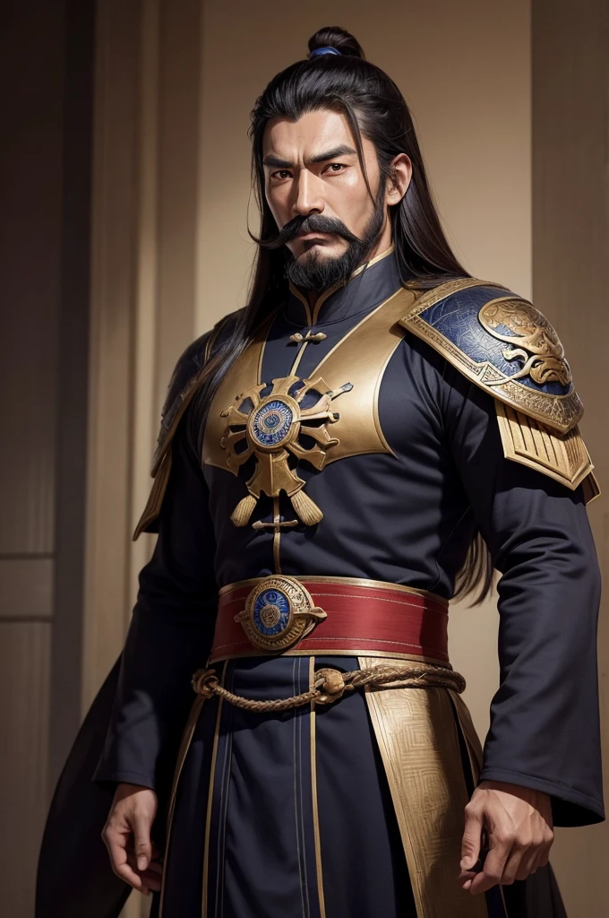 A dark man, Cao Cao (1,83m), with straight hair, lightbrown eyes, light skin, beard and mustache. He's wearing funk music from Rio de Janeiro, with flashy gold jewelry and a cool style, in a party scene in Rio de Janeiro, with a confident smile.