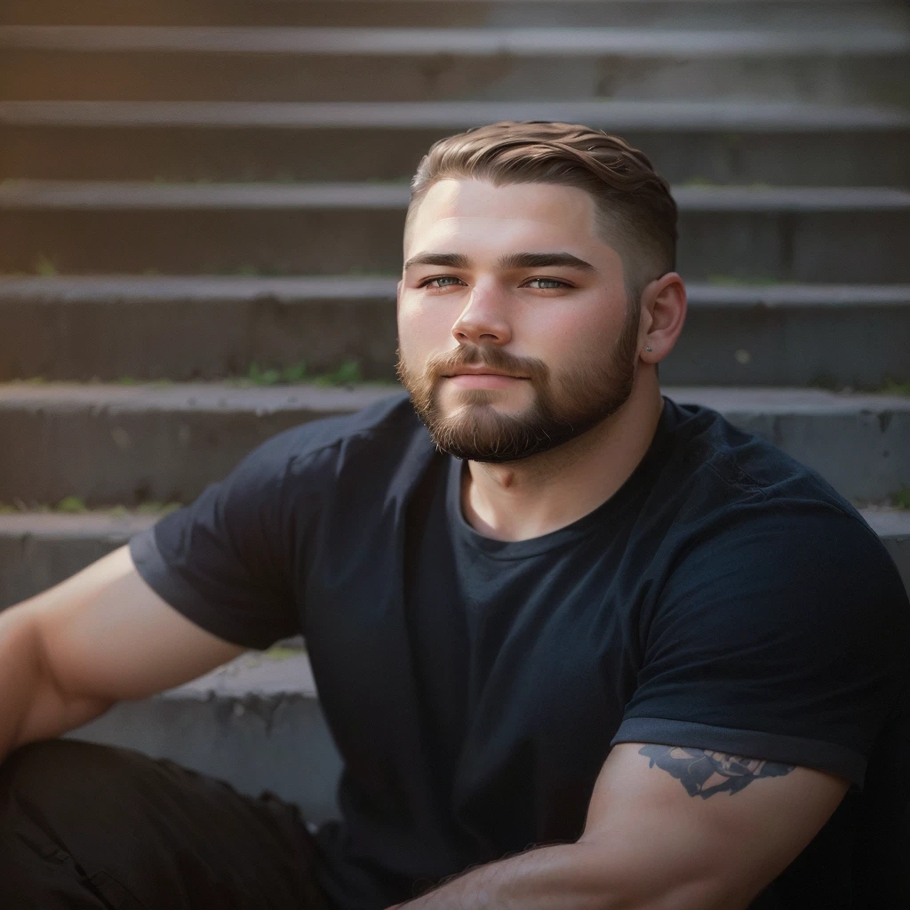 a man with a beard sits on the steps, cinematic headshot, advertising portrait, high quality portrait, portrait in the middle of the shot, portrait photography, portrait 50 mm, Scott Wills, Artem Demura, close-up portrait photo, portrait 60 mm, 7 0mm portrait, Close-up portrait of a guy, stocky, adam varga, profile photo