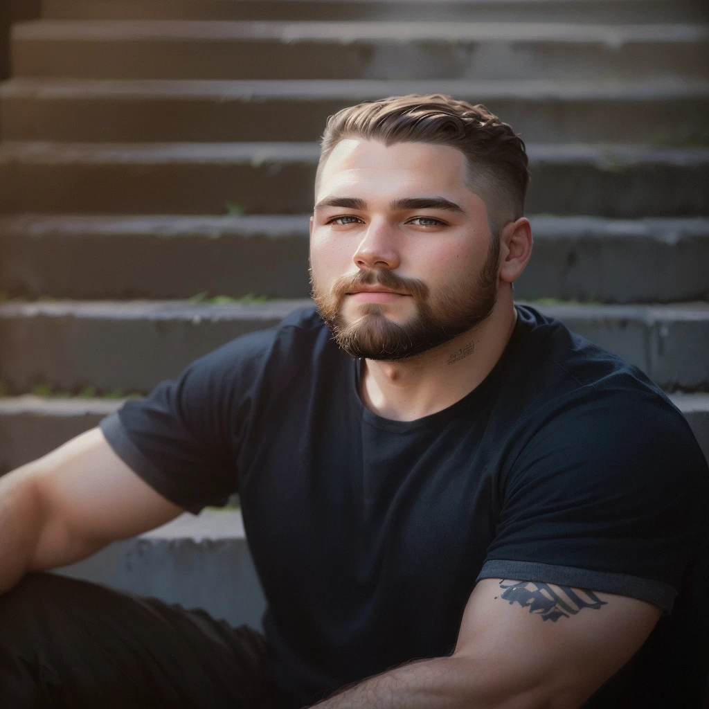a man with a beard sits on the steps, cinematic headshot, advertising portrait, high quality portrait, portrait in the middle of the shot, portrait photography, portrait 50 mm, Scott Wills, Artem Demura, close-up portrait photo, portrait 60 mm, 7 0mm portrait, Close-up portrait of a guy, stocky, adam varga, profile photo