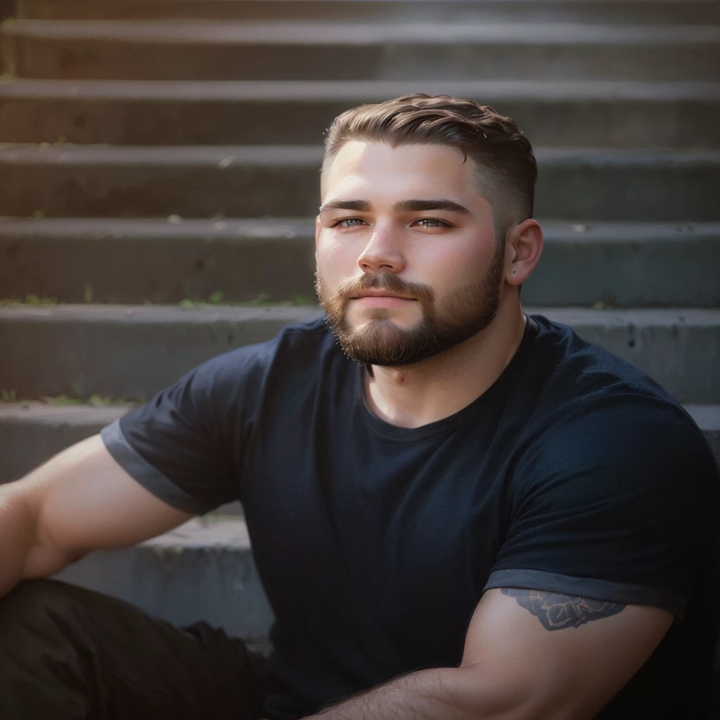 a man with a beard sits on the steps, cinematic headshot, advertising portrait, high quality portrait, portrait in the middle of the shot, portrait photography, portrait 50 mm, Scott Wills, Artem Demura, close-up portrait photo, portrait 60 mm, 7 0mm portrait, Close-up portrait of a guy, stocky, adam varga, profile photo