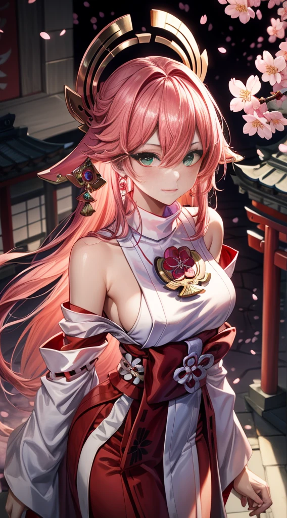 (Masterpiece, Excellent, 1girl, solo, complex details, color difference), realism, ((medium breath)), off-the-shoulders, big breasts, sexy, Yae Miko, long pink hair, red headdress, red highlight, hair above one eye, green eyes, earrings, sharp eyes, perfectly symmetrical figure, choker, neon shirt, open jacket, turtleneck sweater, against the wall, brick wall, graffiti, dim lighting, alley, looking at the audience, ((mean, seductive, charming)), ((cherry blossom background ))),((Japanese temple background)))), (((Glow-in-the-dark background)))