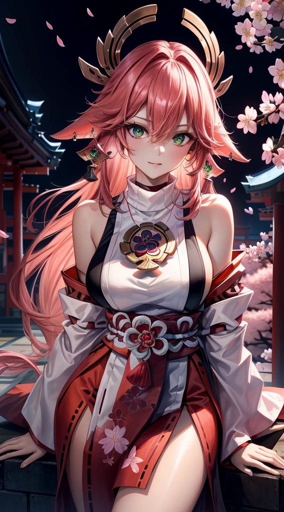 (Masterpiece, Excellent, 1girl, solo, complex details, color difference), realism, ((medium breath)), off-the-shoulders, big breasts, sexy, Yae Miko, long pink hair, red headdress, red highlight, hair above one eye, green eyes, earrings, sharp eyes, perfectly symmetrical figure, choker, neon shirt, open jacket, turtleneck sweater, against the wall, brick wall, graffiti, dim lighting, alley, looking at the audience, ((mean, seductive, charming)), ((cherry blossom background ))),((Japanese temple background)))), (((Glow-in-the-dark background)))